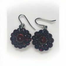 RARE Antique Bohemian Garnet Gold Gilt Earrings- Rose Cut, Sterling Hooks picture