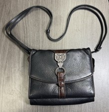 Brighton Nepal Black Leather Organizer Crossbody Purse Black Brown Strap EUC picture