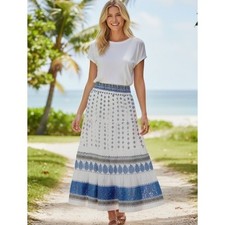 Westport 1962 Boho Tiered Maxi Skirt Women 2X White Blue Paisley Resortwear Chic picture