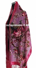 Elegant 100% Silk Burnout Velvet Vintage Floral Oblong Scarf Shawl Wrap, Pink picture