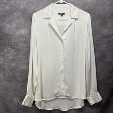 Quince Stretch Silk Button Down Shirt Blouse Size L Cream Off-White Satin picture