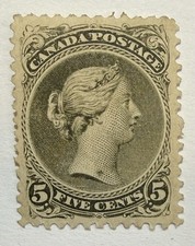 Canada #26 1868 5c olive green “Large Queen” perf 12 MNG/VF, spot; $2.5K UCV picture