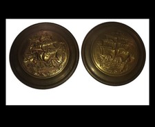 2 nice Vintage 16” Brass Hanging Trays Round 3D Clipper Pirate Ships England  picture