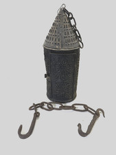 Antique 1700s-1800s Punched Pierced Tin Candle Lantern With Iron Hanging Hook picture