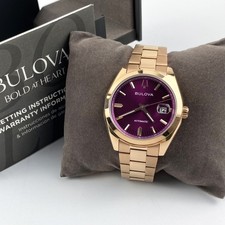 Bulova Surveyor Men's 97B234 Automatic Watch Purple Dial Rose Gold Tone 39mm picture
