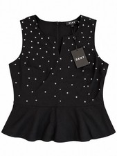 DKNY Women’s Black White Embroidered Dot Peplum Sleeveless Top NWT XS picture
