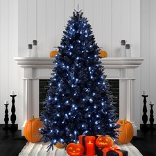 7.5FT Black Prelit Halloween Artificial Christmas Tree 2156 Branch Tip 500 Light picture