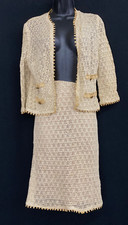 Vintage 1960s knit lace skirt suit, ecru ivory linen top jacket  2 piece XS picture