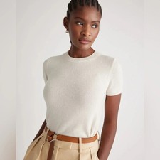Quince Mongolian Cashmere Tee Women Size M Ivory Short Sleeve Crew Neck Sweater picture