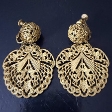 Vintage Miriam Haskell Gold Tone Filigree Screwback Drop Earrings Signed picture