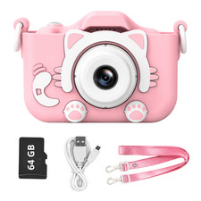 Kids Digital Camera for Girls and boys 64GB 1080P 8X Zoom Pink Cat Toy Gift picture