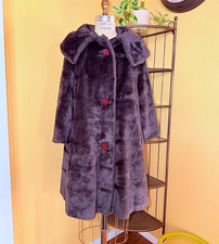 Vintage 60s 70s Faux Fur Swing Coat Shawl Collar Red Buttons picture