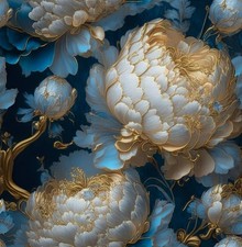 Vintage Dark Navy Blue Gold White Peony Large Floral Peel and Stick... picture