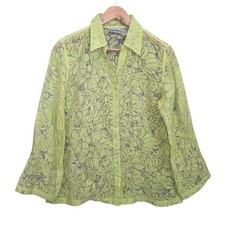Chicos Blouse Size 1 M Chartreuse Green Floral Burnout Button Down Linen Blend picture