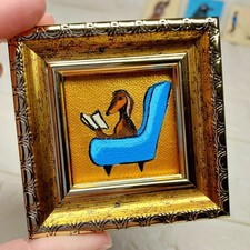 Dachshund Reading  Book Mini Painting Original Funny Dog Art Framed Pet Portrait picture