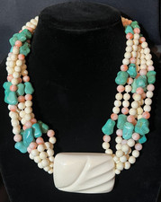 VTG 80s Runway Modernist Chunky Turquoise Carved Statement Necklace Heavy 22