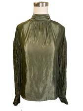 The Korner Olive Satin Blouse XS Mock Neck Pleated Long Sleeve Recycled Top picture