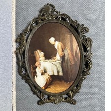 VTG Made in Italy Ornate Brass Oval Frame Chardin Saying Grace Print 11