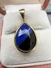 Vintage 14k Yellow Gold Lapis & Onyx Teardrop Intarsia Bezel Necklace 1” Pendant picture