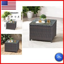 Ovios Outdoor Side Table Tempered Glass Top, Patio Wicker Coffee Table End picture