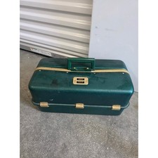 Vintage Umco 1000 US Fishing Tackle Box Green Gold Cantilever Aluminum Trays USA picture