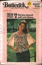 3968 Vintage Butterick Sewing Pattern Misses 1970s Lace Sleeved Pullover Blouse picture