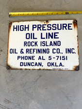 Rare 1950s-60s Rock Island Oil PORCELAIN Sign AL 5-7151 Phone # Duncan OK picture