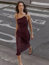 New Zara 100% linen Burgundy midi dress with one shoulder detail, size S #midi picture