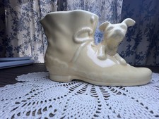 MCM SHAWNEE Pottery DOG & BOOT Planter Vase 1950s Butter Yellow White USA picture