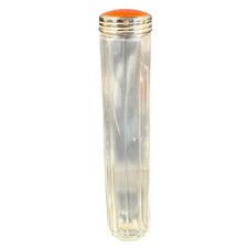 Antique Czech Fluted Glass Vanity Jar Orange Guilloche Enamel Lid Germany 7in picture