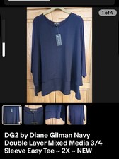 DG2 by Diane Gilman Navy Double Layer Mixed Media 3/4 Sleeve Easy Tee ~ 2X ~ NEW picture