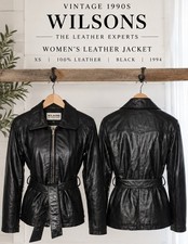 Vintage 1990s Wilsons Leather Jacket Women's XS 100% Leather Belted Black 1994 picture