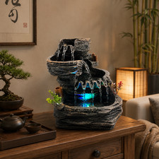 Indoor Tabletop Water Fountain with LED Light, Resin Rock-Look Waterfall Decor picture