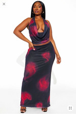 Fashion Nova 1X Black/Red Mesh Maxi Dress Cowl Neck Sleeveless Stretch picture