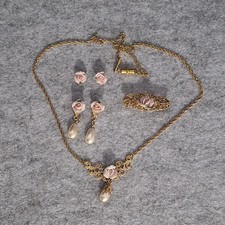 1928 Brand Jewelry Necklace Earrings Brooch Porcelain Rose  Filigree VTG 1990s picture