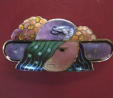 DAVID KUO CHAMPLEVE ENAMEL PIN PENDANT BROOCH LADY WITH HAT SIGNED picture