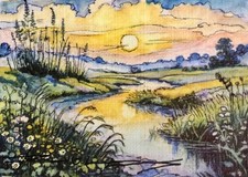 ORIGINAL  Painted Pen and Watercolor (ACEO) Winding Stream Sunset picture