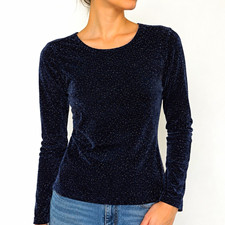 Express XS Navy Velvet Sparkle Long Sleeve Top Sheer Metallic Shimmer picture
