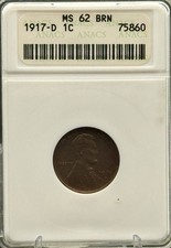 1917-D Lincoln Wheat Cent 1C ANACS MS62 BRN Old White Holder picture