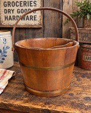 Vintage Wooden Divided Bucket Brass Banded Stave Pail with Swing Handle Rustic picture
