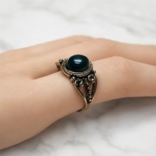 Vintage Boho Brass Filigree Green Cabochon Statement Ring Ornate Vintage Beaded picture
