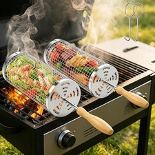 Rolling Grill Basket 2-Pack, Premium 304 Stainless Steel, Removable Wooden Handl picture
