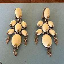 Vintage Gold Tone Ivory Oval Glass Cabochon Chandelier Clip-On Dangle Earrings picture