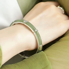 Natural Green Jade Bamboo Bangle Bracelet 925 Sterling Silver Oriental Style picture