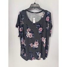 Maurices Top Women 1X Gray NWT Floral Scoop Neck Short Sleeve Relaxed Fit picture