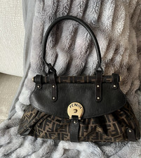 Fendi Brown Monogram Jacquard Canvas Leather Sachel Handbag with gold clasp. picture