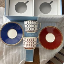 WEDGWOOD Renaissance Gold Cup & Saucer Set of 2 Pair Blue Red Unused With Box picture