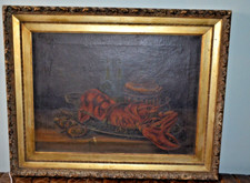 Antique Seafood Still Life oil painting ~ Victorian- Lobster Shellfish Wine 31