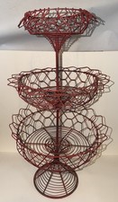 Antique French Red Chippy Triple Tier Handmade Twisted Wire Kitchen Basket 29” T picture
