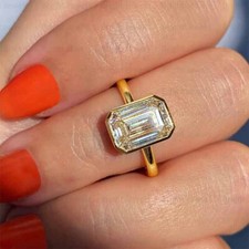 4.12Ct Emerald Cut Moissanite Bezel Set Engagement Ring 14k Yellow Gold Plated picture